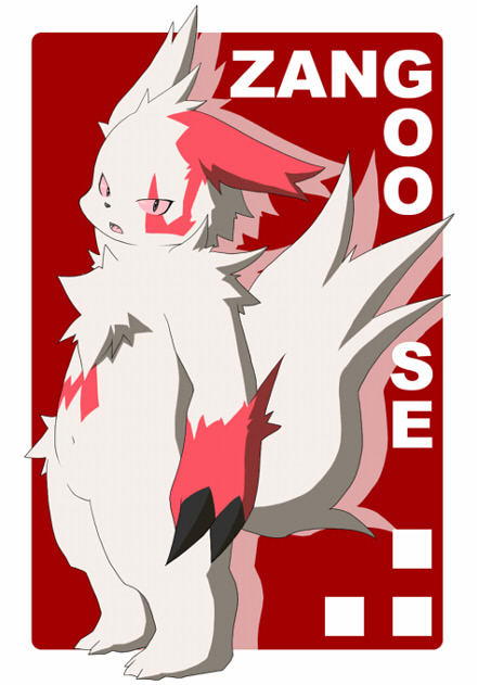 chest_tuft english_text feral fur looking_at_viewer markings nintendo pok&#233;mon pok&eacute;mon pose red_markings solo teeth text tooth tuft unknown_artist video_games white_fur zangoose