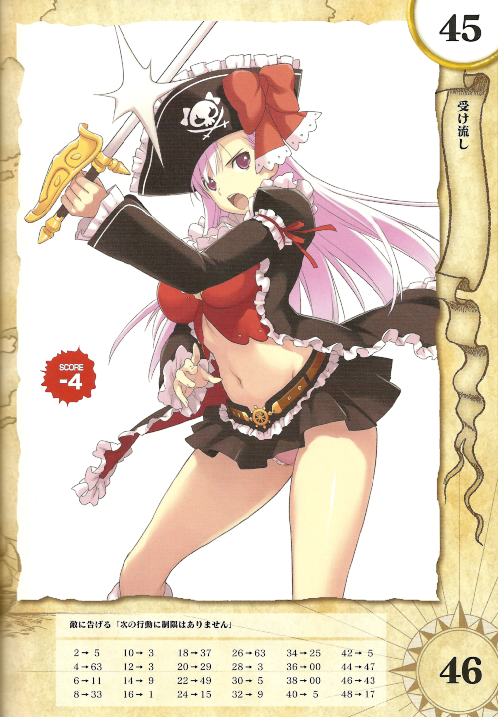 ascot belt bow breasts bustier captain_liliana frilled_panties frills hat highres jolly_roger large_breasts legs lingerie long_hair midriff miniskirt morisawa_haruyuki navel open_mouth panties pantyshot pink_eyes pink_hair pink_panties pirate pirate_hat pleated_skirt queen's_blade queen's_blade_rebellion rapier ribbon skirt skull_and_crossed_swords solo sword thighs underwear very_long_hair weapon