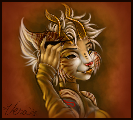 bethany_sellers close-up eye_patch eye_socket fang feline female head horns imperfection langurhali minna portrait solo stripes tiger warrior