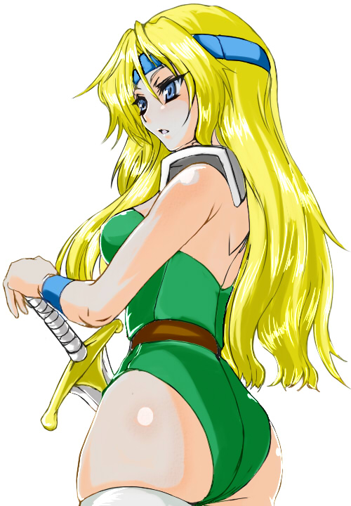 6rinne ass belt blonde_hair blue_eyes breasts celes_chere female final_fantasy final_fantasy_vi headband leotard long_hair shoulder_pads simple_background solo sword weapon white_background wristband