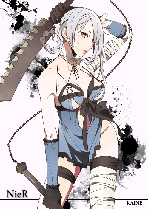 bad_id bad_pixiv_id bandages belt bow braid breasts chain dual_wielding elbow_gloves flower frills gloves hair_ornament holding kaine_(nier) lingerie medium_breasts negligee nier nier_(series) panties ribbon short_hair silver_hair solo sword thigh_strap thighhighs underwear weapon white_hair white_panties yellow_eyes yuzumame