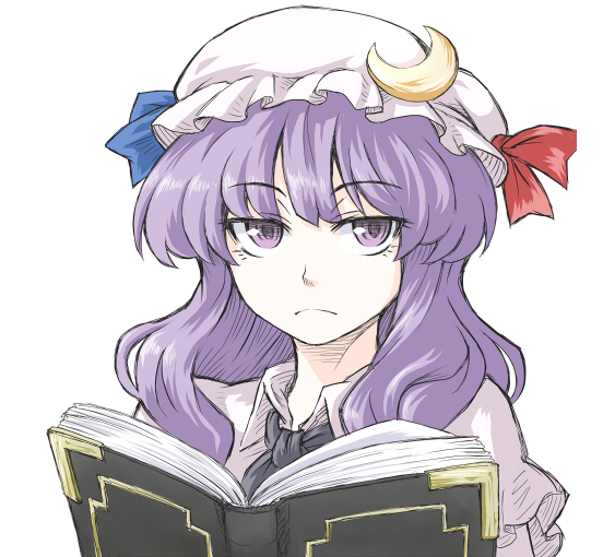 book crescent hat kuro_goma_(kakkou11) md5_mismatch patchouli_knowledge portrait purple_eyes purple_hair solo touhou
