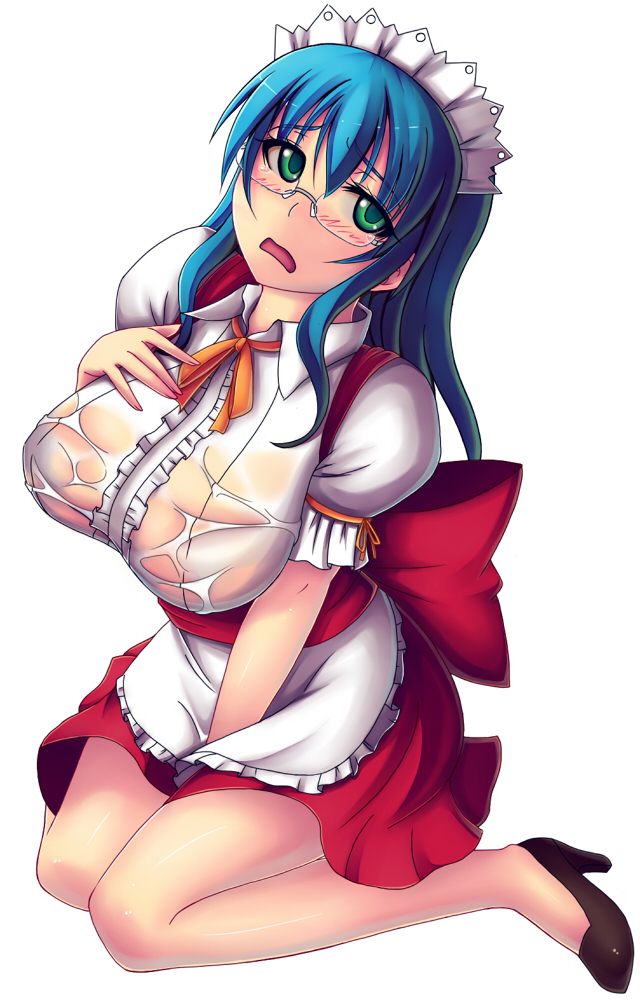 apron areola areolae artist_request bad_id blue_hair blush breasts dress female glasses green_eyes headdress high_heels kisaragi_yakumo large_breasts long_hair looking_up maid maid_apron maid_headdress open_mouth original see-through shoes sitting solo waitress wet wet_clothes