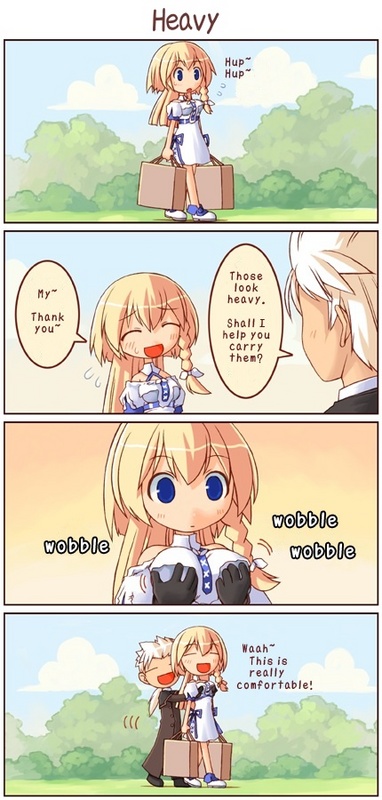 :d blonde_hair breast_fondling breasts clothed clothing comic cute dialog dialogue female fondling funny gloves grope hair human humor long_hair male mammal necklace not_furry ponytail shigatake smile spiky_hair standing text walking what_a_twist white_hair