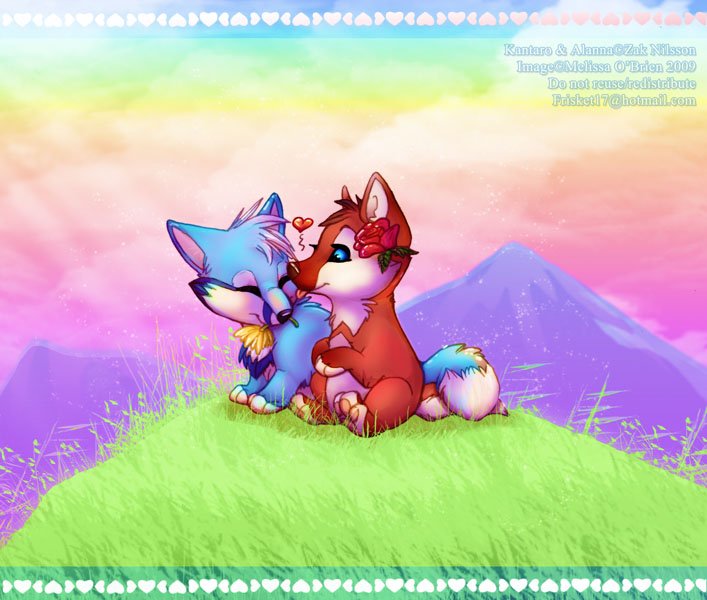 &hearts; blue_eyes canine couple cute dog eyes_closed flower fox grass husky kissing mountain outside paws rainbow rose sitting tail