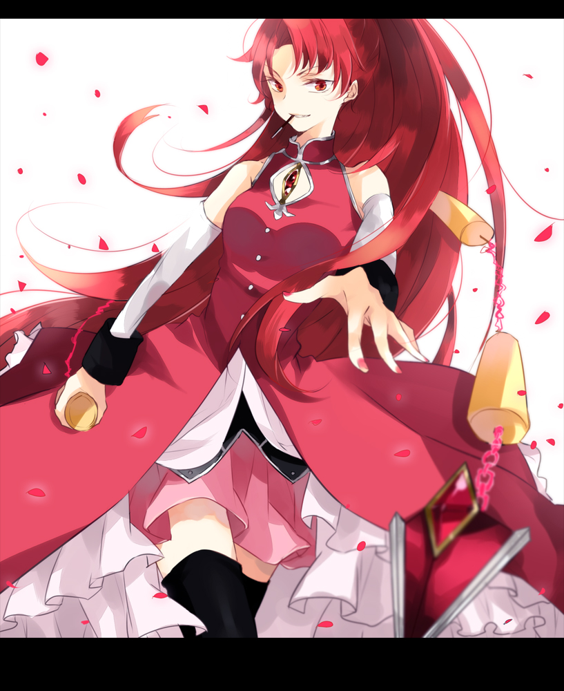 amane_mio bad_id bad_pixiv_id bare_shoulders black_legwear blurry chain depth_of_field detached_sleeves food foreshortening grin letterboxed long_hair mahou_shoujo_madoka_magica mouth_hold nail_polish outstretched_arm outstretched_hand pocky polearm ponytail red_eyes red_hair sakura_kyouko smile solo spear thighhighs weapon zettai_ryouiki