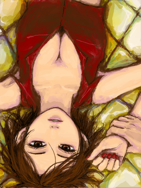 artist_request breasts brown_eyes brown_hair cleavage large_breasts meiko nail_polish red short_hair solo_focus tegaki vocaloid
