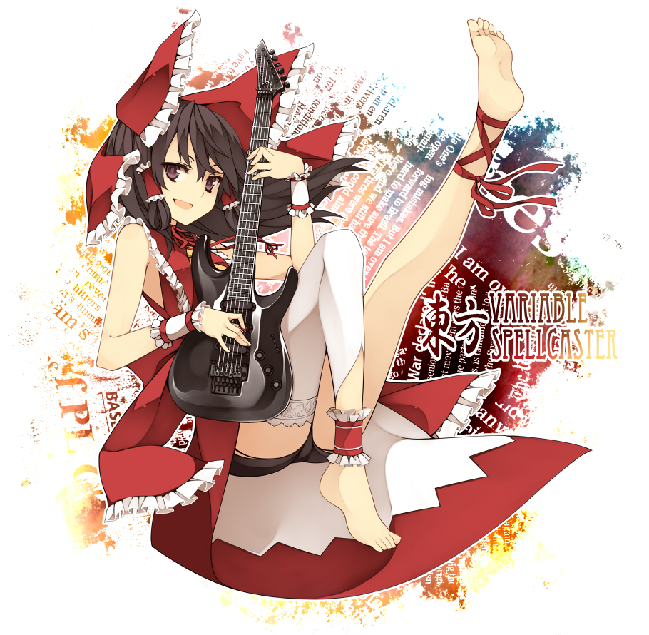 :d adapted_costume album_cover ankle_cuffs ankle_ribbon bare_legs bare_shoulders barefoot bow brown_eyes brown_hair cover feet guitar hair_bow hakurei_reimu instrument leg_up long_hair mismatched_legwear open_mouth outstretched_leg ribbon short_shorts shorts single_thighhigh sleeveless smile soles solo thighhighs toes touhou uruu_gekka white_legwear wrist_cuffs