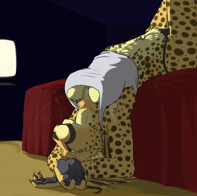 backwards bed bedroom breasts cheetah feline female rickgriffin solo sprawled television underwear