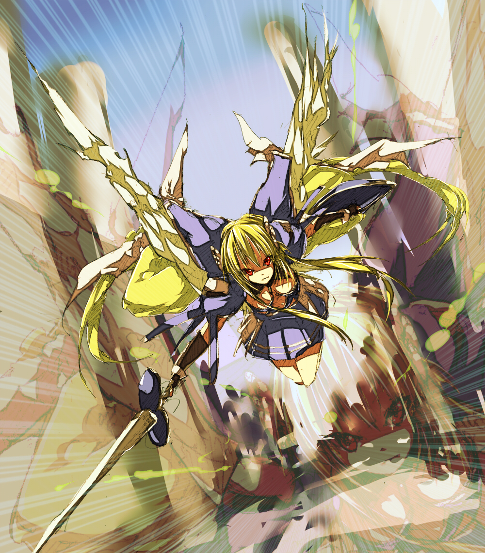 angel_wings astraea blonde_hair chain collar dutch_angle flying long_hair page red_eyes shield solo sora_no_otoshimono sword very_long_hair weapon wings zoom_layer