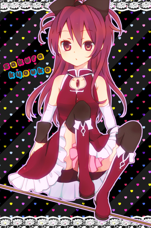 bad_id bad_pixiv_id bare_shoulders bow detached_sleeves hair_bow haseixi long_hair magical_girl mahou_shoujo_madoka_magica polearm ponytail red_eyes red_hair sakura_kyouko solo spear thighhighs weapon