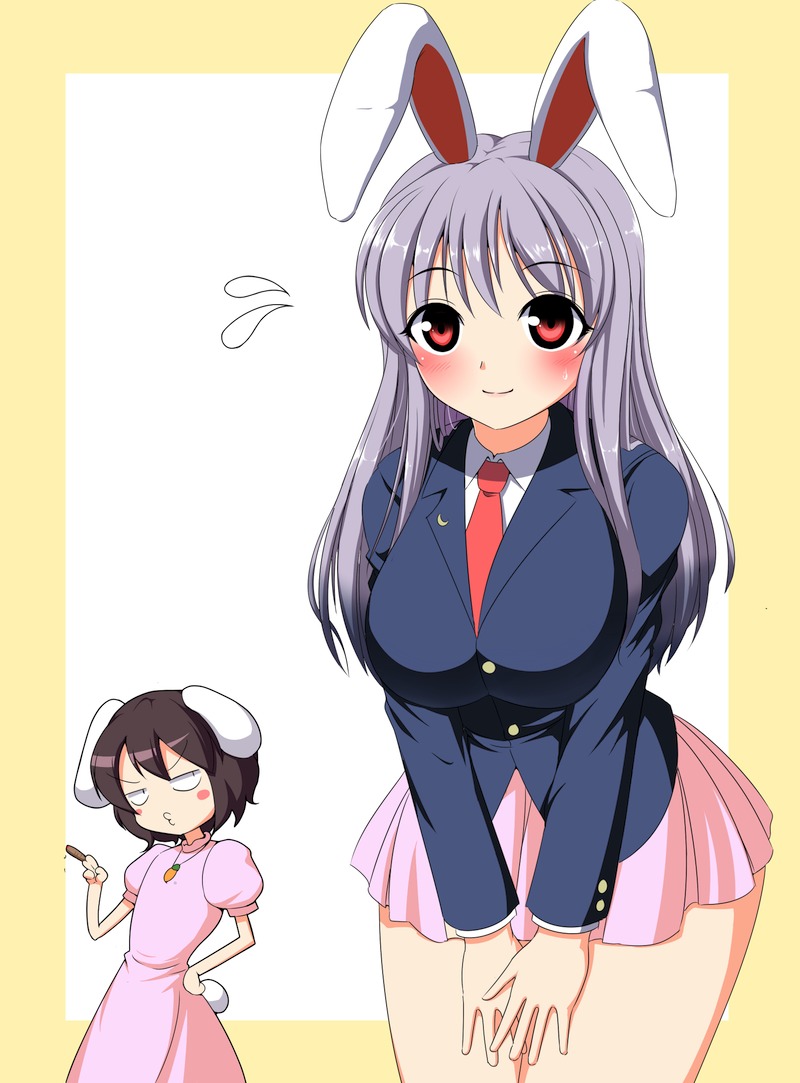 animal_ears bad_id bad_pixiv_id blazer blush breasts brown_hair bunny_ears bunny_tail cigar crescent hand_on_hip inaba_tewi jacket jewelry kyokutou_hentai_samurai large_breasts long_hair multiple_girls necktie o3o pendant red_eyes red_neckwear reisen_udongein_inaba short_hair tail touhou