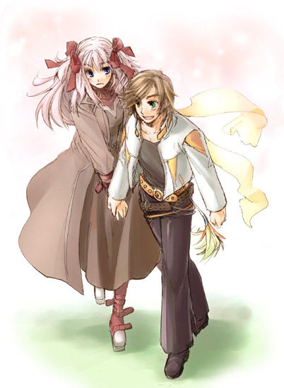 1girl :d arms_at_sides arnaud_g_vasquez belt blue_eyes boots bow brown_hair coat couple dress feathers frown full_body green_eyes hair_ribbon happy hetero holding_hands light_brown_hair long_hair minazuki_kurisu open_mouth pants pink_hair raquel_applegate ribbon scarf shirt shoes simple_background sketch smile two_side_up wild_arms wild_arms_4