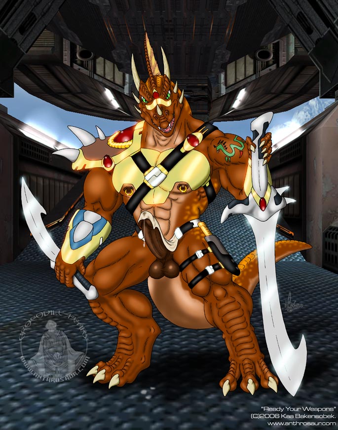 armor balls claws cum dragon erection fangs green_eyes grin horns kaa kaa_(artist) looking_at_viewer male muscles nipple_piercing nipple_ring nipples penis piercing precum presenting reptile scalie skimpy solo standing sword tail tattoo unconvincing_armour weapon