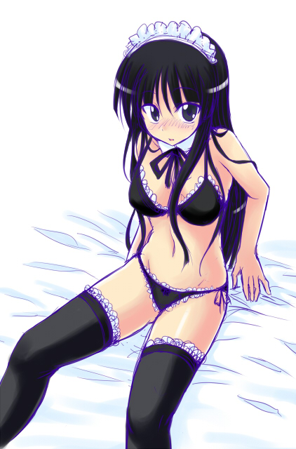 akiyama_mio black_bra black_eyes black_hair black_legwear black_panties bra flo frills k-on! lingerie long_hair maid panties solo thighhighs underwear underwear_only