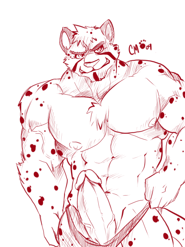 cheetah claws cursedmarked erection fangs feline grin looking_at_viewer male muscles penis presenting sketch skimpy solo standing tail thong underwear undressing