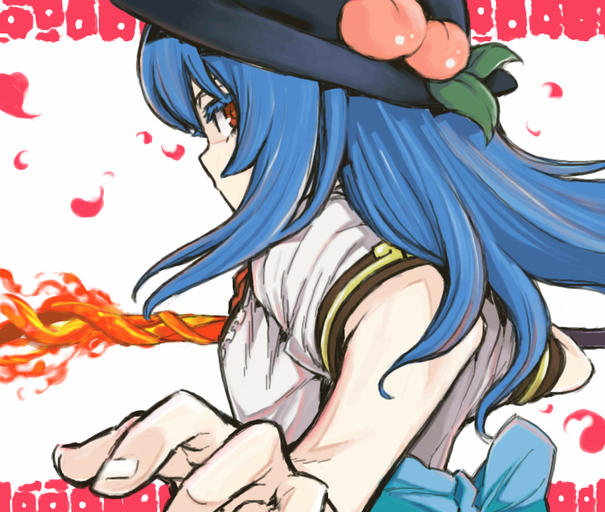 blue_hair colored_eyelashes eyelashes face fire food fruit hands hat hinanawi_tenshi long_hair looking_back oekaki peach petals red_eyes solo sword sword_of_hisou touhou uousa-ou upper_body weapon