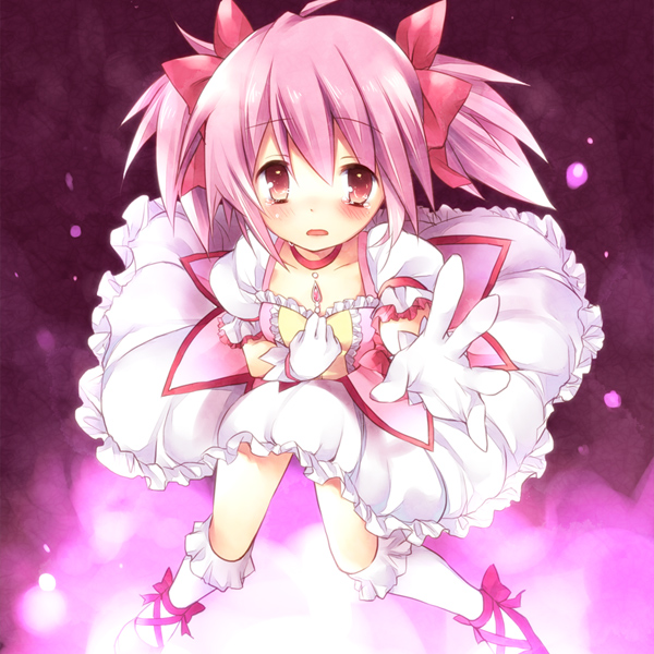 bad_id bad_pixiv_id bow bubble_skirt gloves hair_bow hand_on_own_chest kaname_madoka kneehighs magical_girl mahou_shoujo_madoka_magica open_mouth outstretched_hand pink_eyes pink_hair shoes short_twintails skirt solo sorai_mahiru tears twintails white_gloves white_legwear