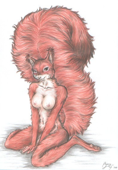 cute female fluffy huge_tail kneeling nude one_eye_closed pajama pose rodent solo squirrel tail wink
