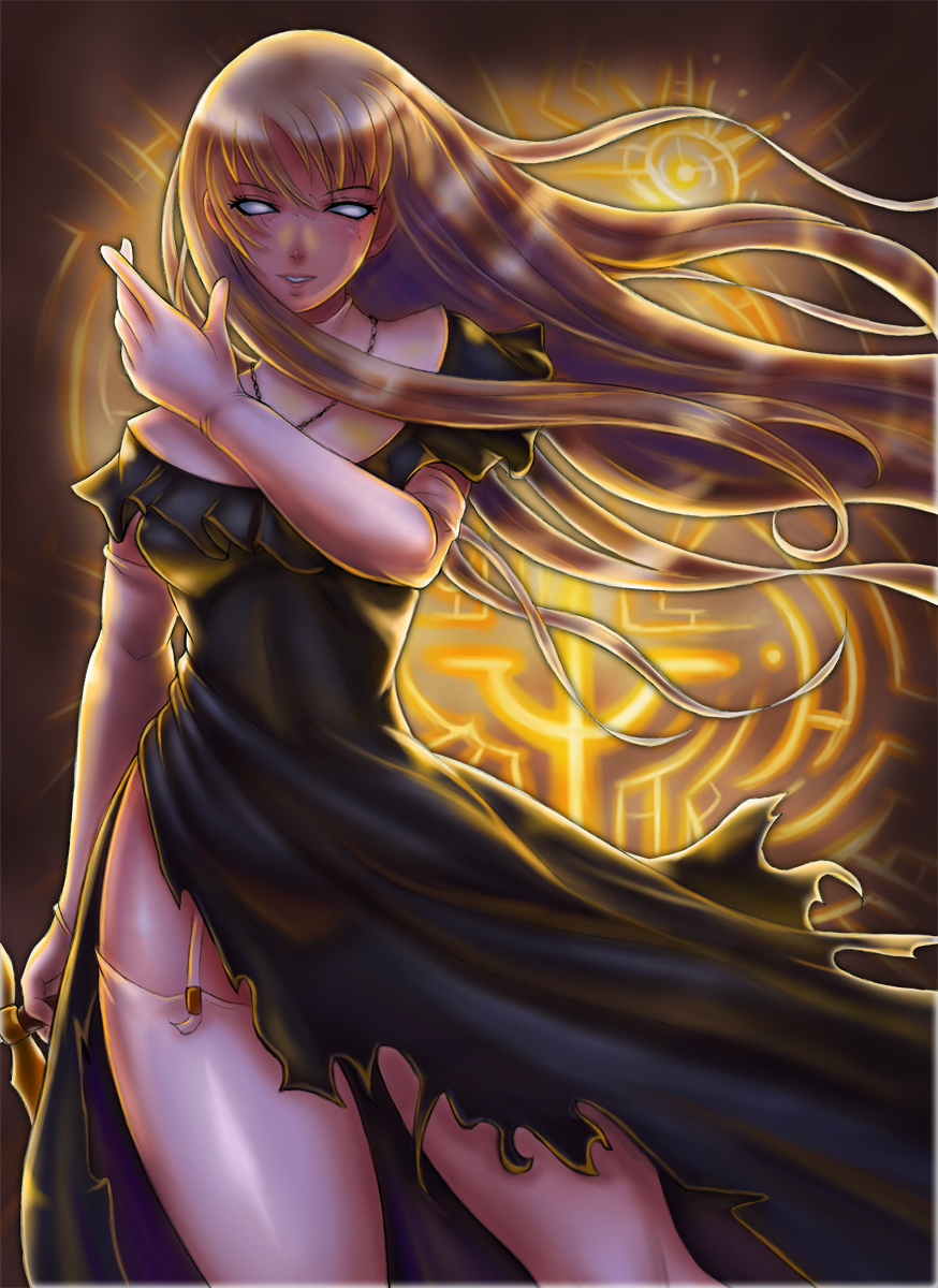 blonde_hair boken_fantasy claymore claymore_(sword) elbow_gloves galatea_(claymore) garter_belt gloves highres legs long_hair no_pupils nun scar side_slit solo spoilers sword thighhighs thighs torn_clothes weapon