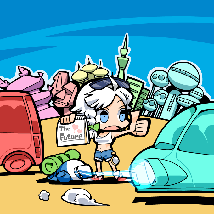 car chibi contemporary eyewear_on_head ground_vehicle hitchhiking hounori image_sample izayoi_sakuya md5_mismatch midriff motor_vehicle pixiv_sample shorts solo sunglasses touhou