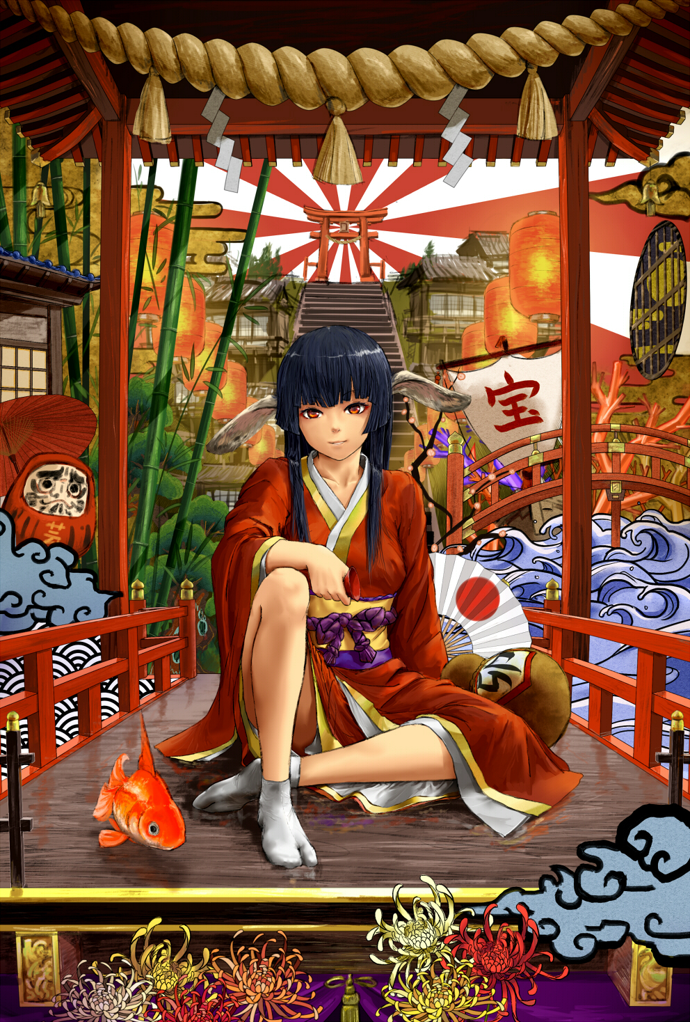 alcohol animal_ears arm_support bamboo bamboo_forest bangs black_hair blunt_bangs bunny_ears chrysanthemum crossed_legs cup daruma_doll doll egasumi fan fish flag_print flower folding_fan forest goldfish gourd highres japanese_clothes japanese_flag kimono lantern light_smile long_hair nature new_year nozet oriental_umbrella original paper_fan paper_lantern red_eyes rising_sun rope sakazuki sake seigaiha shide shimenawa sitting socks solo spider_lily sunburst tabi torii umbrella