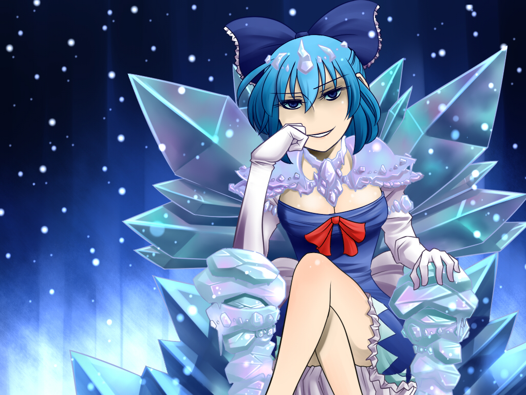 adapted_costume blue_eyes blue_hair bow breasts chin_rest cirno cleavage crossed_legs elbow_gloves gloves hair_bow large_breasts light_smile older short_hair sitting snow solo throne touhou wado white_gloves wings