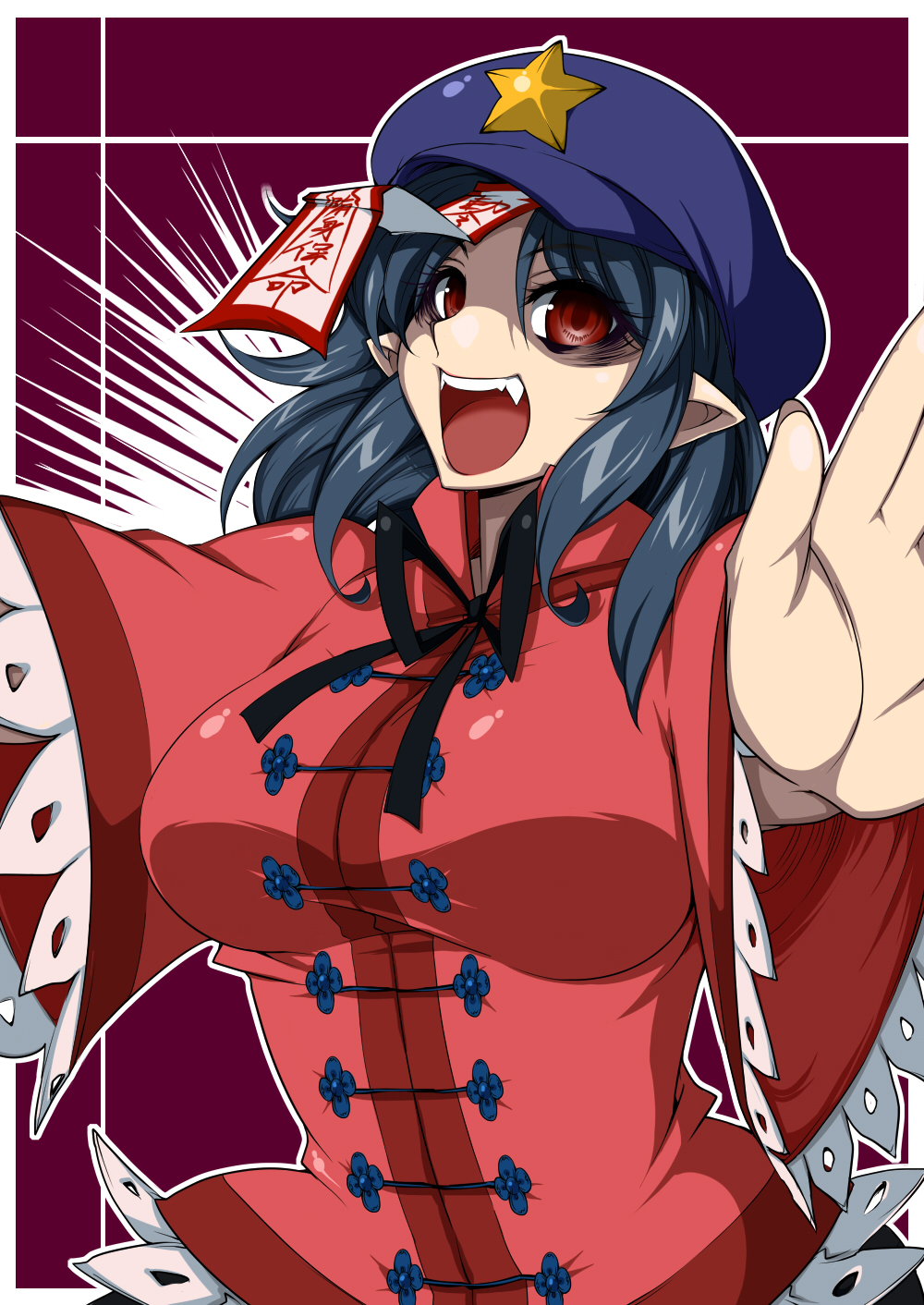 bags_under_eyes blue_hair breasts fangs hat highres jiangshi large_breasts miyako_yoshika ofuda open_mouth outstretched_arms pale_skin pointy_ears red_eyes short_hair smile solo star tajima_yuuki touhou upper_body zombie_pose