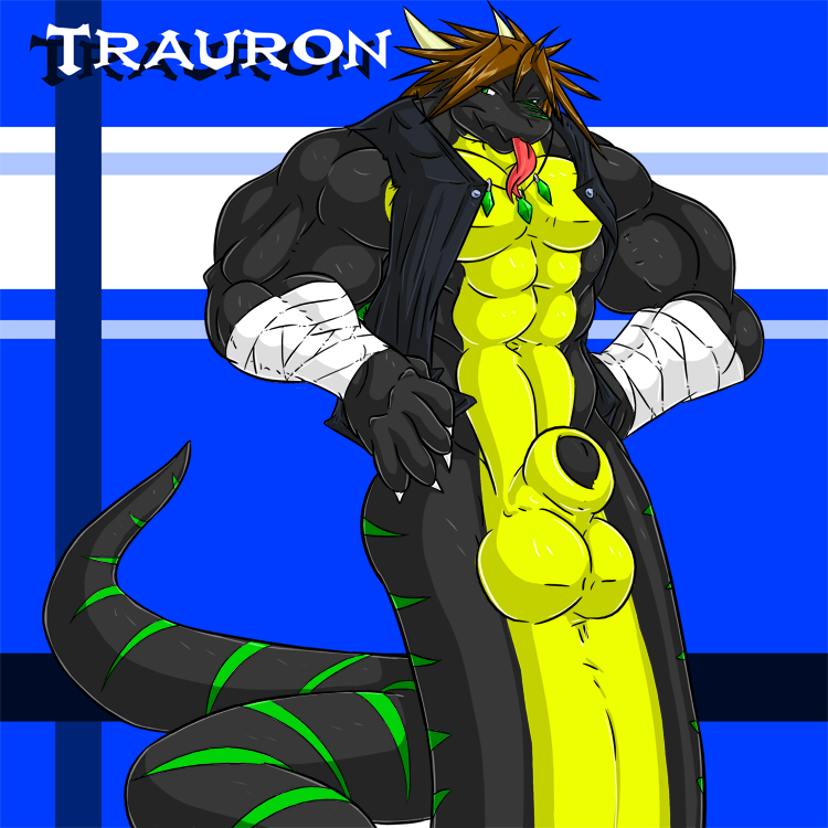 balls big_balls claws danandnite fangs green_eyes grin horns looking_at_viewer male muscles naga necklace penis presenting reptile scalie snake solo standing tail tongue