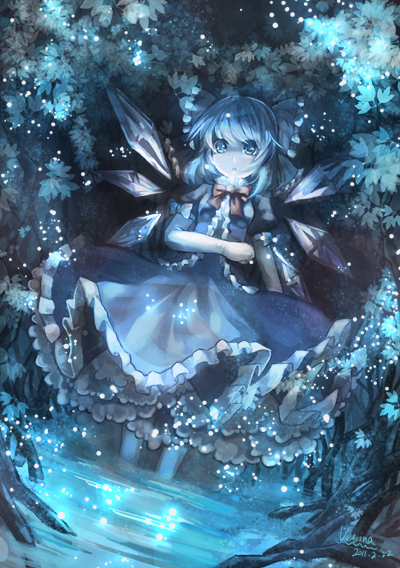 blue blue_eyes blue_hair cirno crystal dutch_angle leaf nature plant short_hair solo standing touhou vetina wading water wings