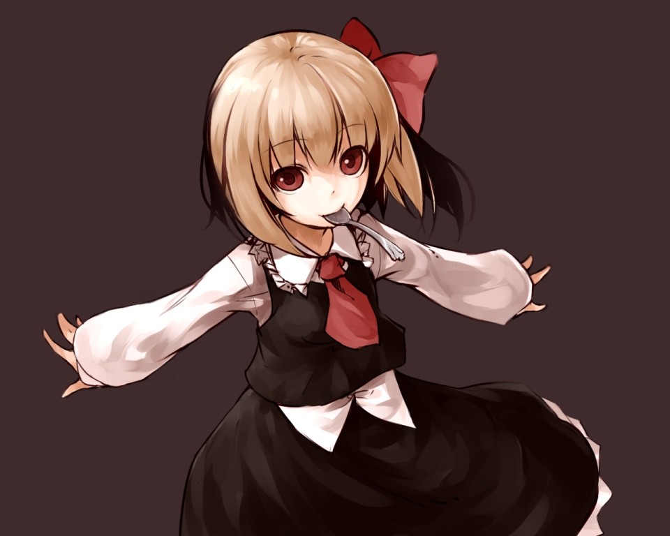 ascot blonde_hair bow brown_background commentary hair_bow hair_ribbon junwool mouth_hold necktie outstretched_arms red_eyes ribbon rumia simple_background solo spoon spread_arms touhou