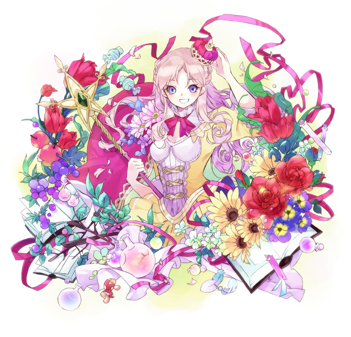 alchemy apple atelier_(series) atelier_meruru bad_id bad_pixiv_id blonde_hair blue_eyes book bow candy crown dress feathers flask flower food fruit gradient_hair grapes half_updo holding long_hair merurulince_rede_arls multicolored multicolored_eyes multicolored_hair mushroom oboro_keisuke purple_eyes purple_hair red_bow red_flower red_rose ribbon rose round-bottom_flask smile solo star wand