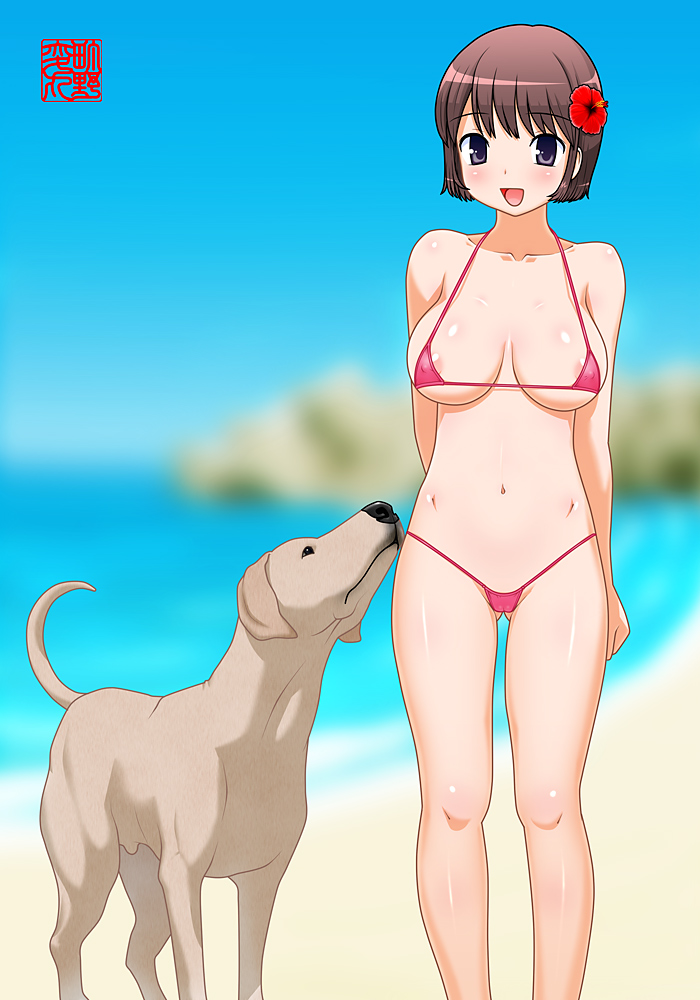 beach bikini blush dog henmaru_cg22 machino_henmaru micro_bikini outdoor outdoors stamp swimsuit