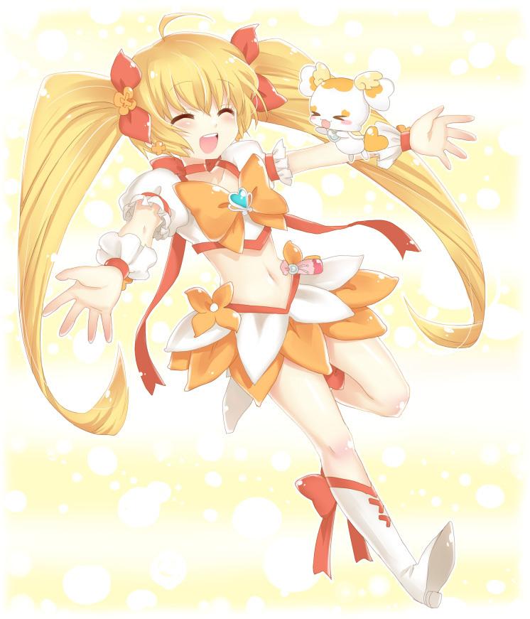 :d blonde_hair boots bow choker closed_eyes cure_sunshine hair_ribbon happy heart heartcatch_precure! knee_boots long_hair magical_girl midriff myoudouin_itsuki navel open_mouth orange_bow orange_choker orange_skirt outstretched_arms potpourri_(heartcatch_precure!) precure ribbon skirt smile spread_arms twintails very_long_hair yellow yellow_background yui_(spica)