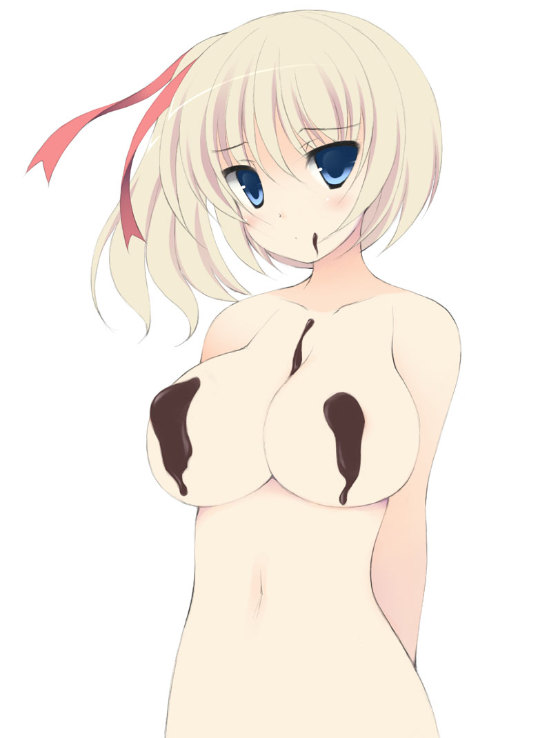 1girl black_owls blonde_hair blue_eyes blush breasts censored chocolate chocolate_on_breasts convenient_censoring female frown large_breasts long_hair navel nude original side_ponytail solo valentine