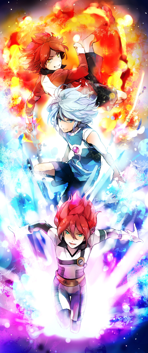 3top action bodysuit fire highres ice inazuma_eleven inazuma_eleven_(series) kiyama_hiroto kuroemon male_focus multiple_boys nagumo_haruya red_hair soccer_uniform sportswear suzuno_fuusuke white_hair