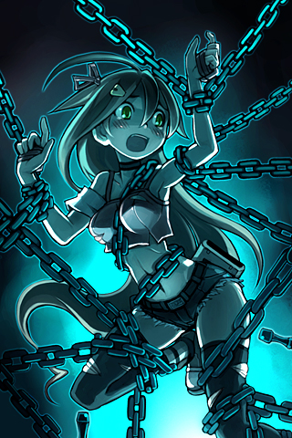 bail bdsm bondage bound chain chained choker green_eyes long_hair lowres midriff open_mouth short_shorts shorts solo sword_girls thighhighs torn_clothes torn_legwear