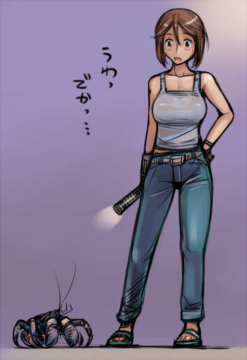 breasts brown_eyes brown_hair casual coconut_crab crab denim flashlight gloves hand_on_hip jeans large_breasts older pants rozen_maiden short_hair solo souseiseki tank_top translated tsuda_nanafushi