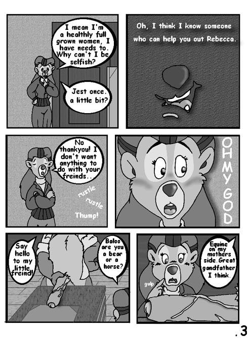 blush bottomless clothed clothing comic disney english_text erection female greyscale half-dressed male monochrome open_shirt penis rebecca_cunningham shirt talespin text the_five_year_bitch uncut unknown_artist