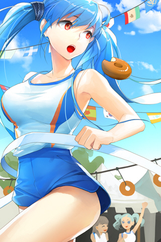 blue_hair bread_eating_race breasts cloud day doughnut finish_line flag flags_of_all_nations food large_breasts lowres luthica_preventer multiple_girls red_eyes salt_(salty) shirt sky sports_festival sportswear string_of_flags sword_girls taut_clothes taut_shirt training twintails wind wind_lift