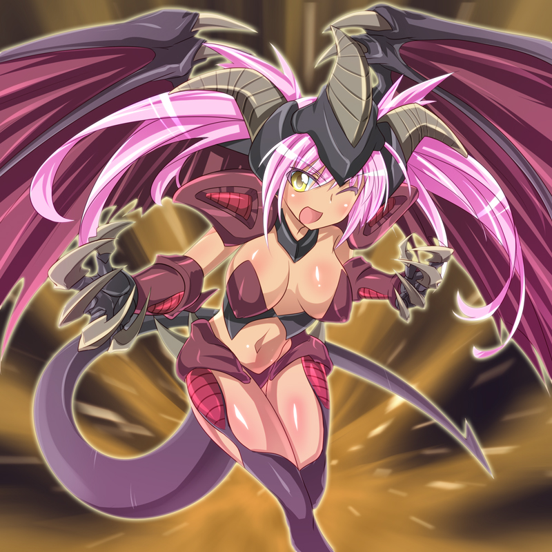 :d claws dark_skin demon_wings duel_monster gauntlets helmet horns mtu_(orewamuzituda) one_eye_closed open_mouth personification pink_hair red_dragon_archfiend smile solo thighhighs wings yuu-gi-ou yuu-gi-ou_5d's