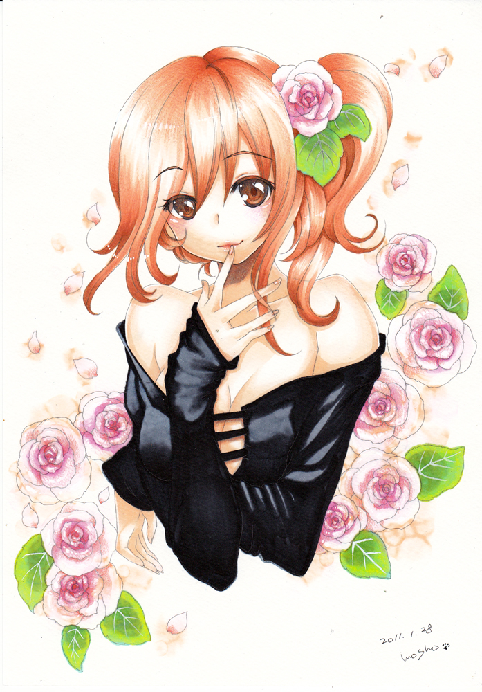 bad_id bad_pixiv_id bare_shoulders blush breasts brown_eyes cleavage colored_eyelashes colored_pencil_(medium) eyelashes fingernails flower hair_flower hair_ornament hands lips looking_at_viewer marker_(medium) medium_breasts mosho off_shoulder orange_hair original petals pink_flower pink_rose rose short_hair side_ponytail signature sleeves_past_wrists smile solo traditional_media upper_body watercolor_(medium)