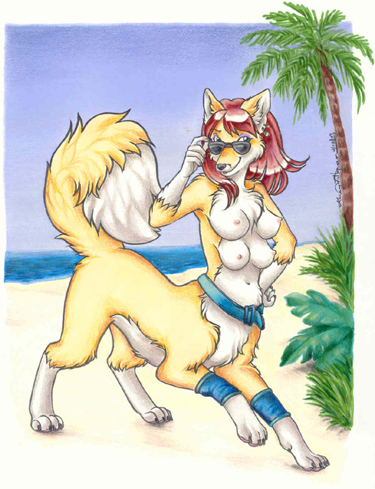 beach belt breasts canine female kacey multi_breast nude seaside solo sunglasses taur