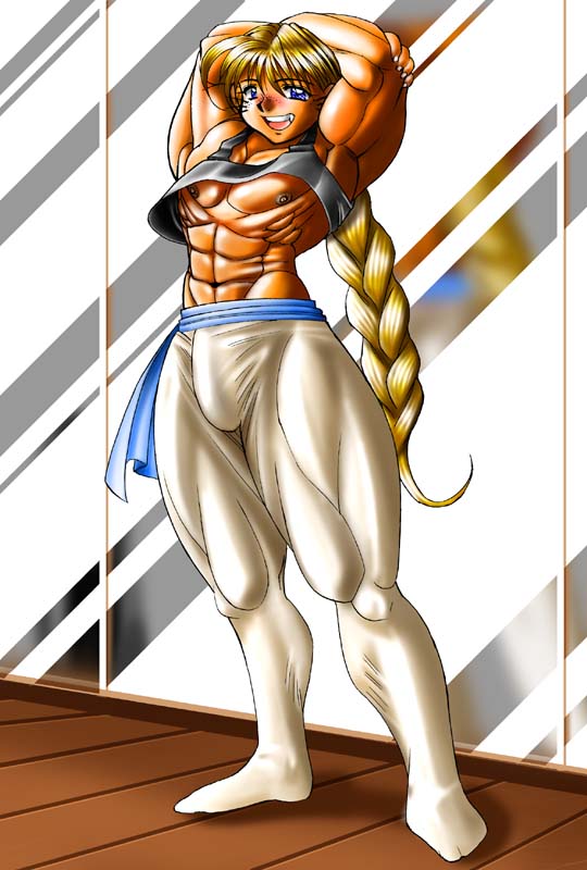 1boy abs ballerina blonde_hair blue_eyes braid bulge calmdoll chest extreme_muscles full_body male male_focus muscle pantyhose pecs rampunch skin_tight solo tights