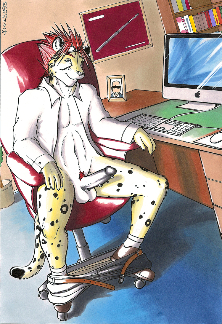 black_penis bottomless business cheetah feline ffvii_parody fire_crotch goggles inviting mac male meesh office open_shirt penis piercing pubic_tuft red_hair solo spiky_hair syphon