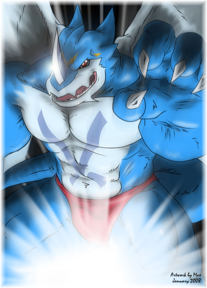 2008 bulge claws digimon dragon exveemon face_markings fangs grin horns looking_at_viewer male markings muscles red_eyes reptile scalie skimpy solo speedo standing swimsuit tail timberwolfmax underwear wings xbuimonsama