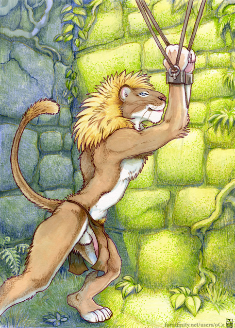 bdsm bondage feline lion loincloth looking_at_viewer mane penis raised_tail solo tail underwear vines