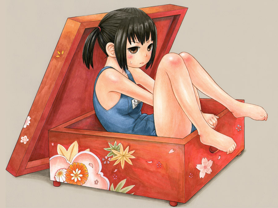 bad_id bad_pixiv_id bakushunka barefoot black_hair blush box brown_eyes feet in_box in_container marker_(medium) marui_hitoha mitsudomoe one-piece_swimsuit school_swimsuit short_hair side_ponytail solo swimsuit toe_scrunch traditional_media