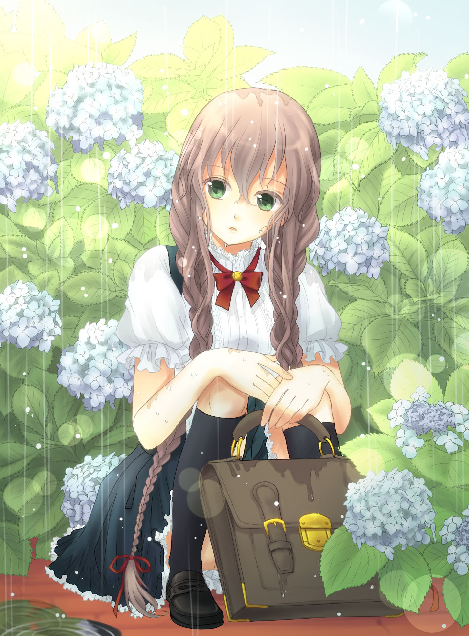 braid brown_hair flower green_eyes hair_over_shoulder highres hydrangea long_hair necktie original rain ribbon sitting skirt solo twin_braids ujou_kazuki very_long_hair wet