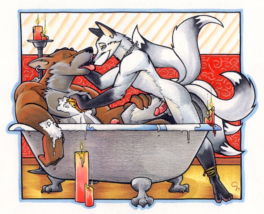 bath bathing candle canine chris_goodwin dog fox gay kitsune male multiple_tails nude piercing tail white